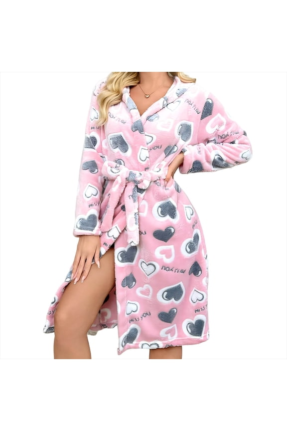 Womens Heart Printed Robe Cloth Towel Knee Length Kimono Bathrobe Fleece Warm Nightgown with Belt