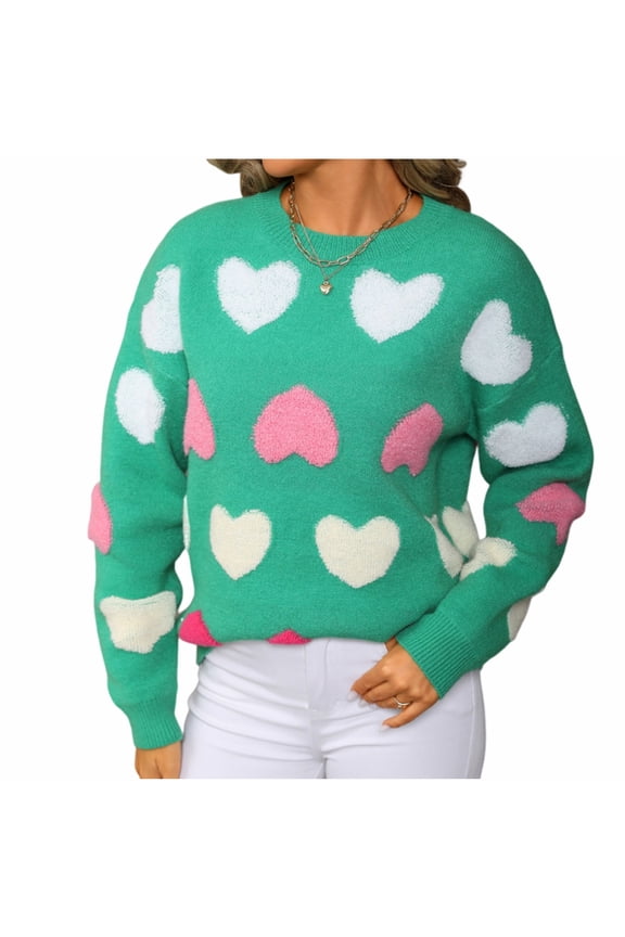 Womens Heart Pullover Sweater Casual Oversized Round Neck Long Sleeve Knit Tops Fall Winter Clothes