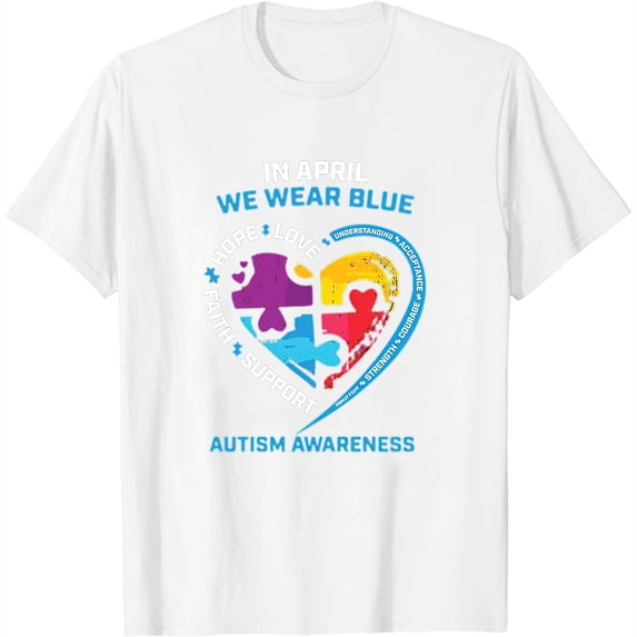 Womens Heart Puzzle Pieces In April We Wear Blue Autism Awareness Short Sleeve T-Shirt White Medium