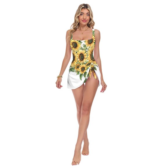 Womens Heart Shaped Sunflower Print 2-in-1 Swim Dress Detachable Skirt One-Piece Swimsuit Square Neck S-XXL