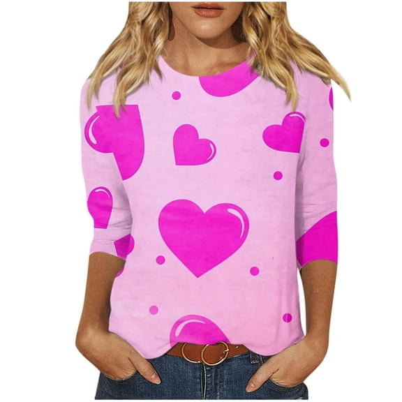 Womens Heart Shirt Top Blouse Casual 3/4 Length Sleeve T-Shirts Trendy Crewneck Blouse Casual