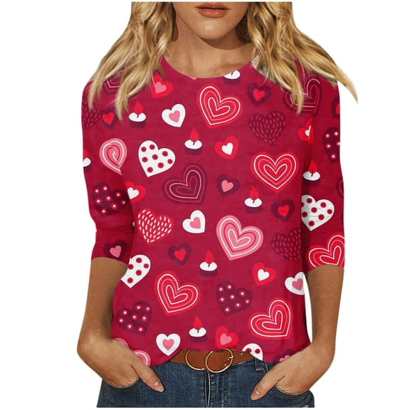 Womens Heart Shirt Top Blouse Casual 3/4 Length Sleeve T-Shirts Trendy Crewneck Blouse Casual