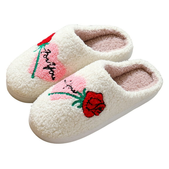 Womens Heart Slippers Valentines Day Bride Wedding Fuzzy House Shoes Couple Matching Memory Foam Cozy Bedroom Slip on