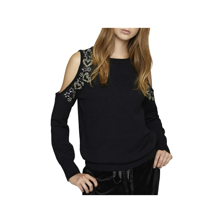 Womens Heart Soul Embellished Cold Shoulder Pullover Sweater
