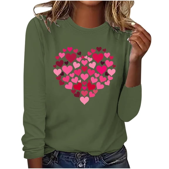 Womens Heart Tops Cute Valentine's Day Long Sleeve Tshirts Casual Crew Neck T-Shirt Comfy Basic Tee