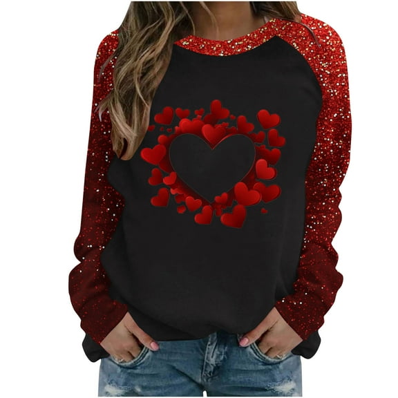 Womens Hearts Printed Tunic Tops Crewneck Raglan Long Sleeve Loose Valentines Day Sweatshirts Pullover Blouses (M, Red 09)