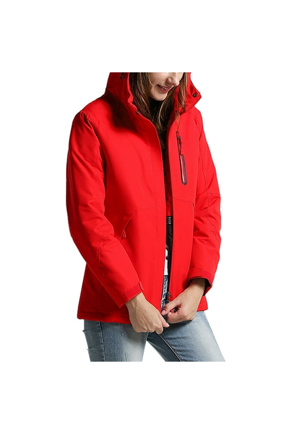 Womens Heated Jacket Fast Warm Up 3 Zone Usb Charging Detachable Hood Solid Color Fleece Windproof Puffer Jacket Long Sleeve Zip Up Coat Warm Jackets for Women