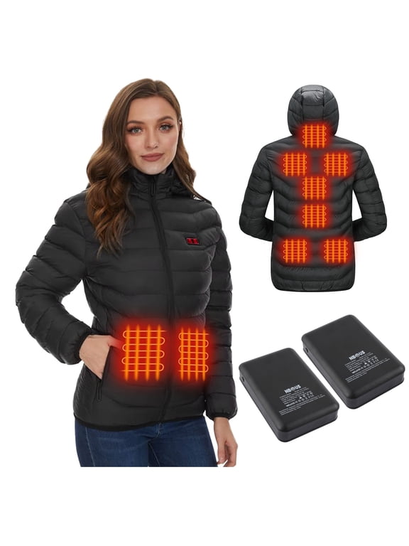 Womens Heated Jacket with 2pcs 10000mAh Power Bank,9 Heat Zones for Heated Coat(M)
