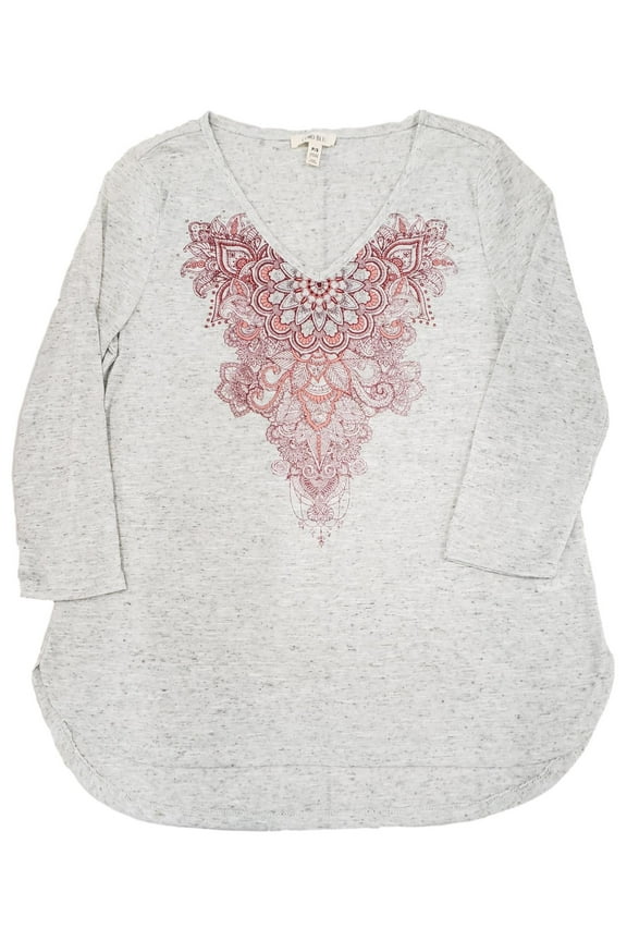 Womens Heather Grey Glitter Lotus Floral Design 3/4 Sleeve T-Shirt Tee Top Small