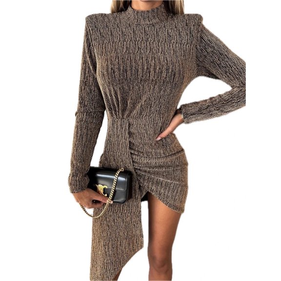 Womens Heathered Mock Neck Long Sleeve Mini Dress for Everyday Wear with Soft Silhouette 100% Polyester Fabric