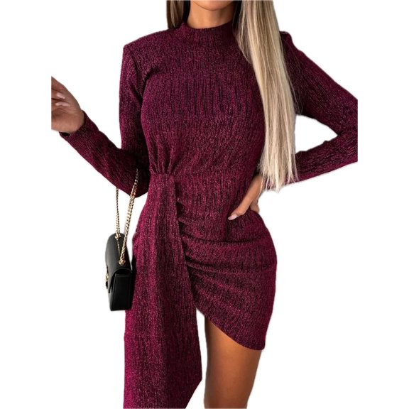 Womens Heathered Mock Neck Long Sleeve Mini Dress for Everyday Wear with Soft Silhouette 100% Polyester Fabric