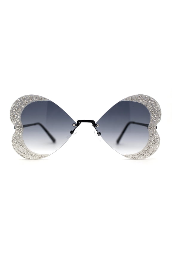 Womens Heavy Sparkle Rhinestone Heart Butterfly Rimless Sunglasses Black Smoke