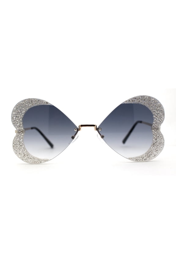 Womens Heavy Sparkle Rhinestone Heart Butterfly Rimless Sunglasses Gold Smoke