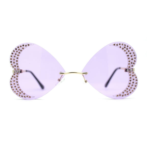 Womens Heavy Sparkle Rhinestone Heart Butterfly Rimless Sunglasses Gold Solid Purple