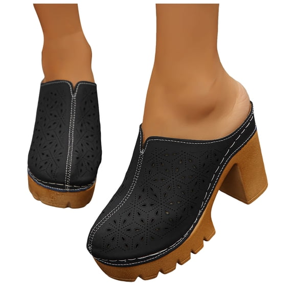 Womens Heeled Sandals Chunky Lug Sole Closed Toe Slides Flower Shaped Hollow out Slip on Mules Comfortable Orthopedic Shoes Black Size 9