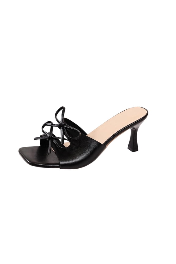 Womens Heeled Sandals Open Square Toe Kitten Heels Sandals Slip on Bow Mules Heels Comfortable Dress Shoes for Party Wedding Black 5.5(36)