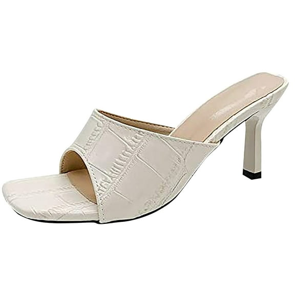 Womens Heels Sandals Chunky Heels Transparent Backless Square Open Toe Slip on Stiletto Dress Shoes Heeled Slipper White Women Sandal