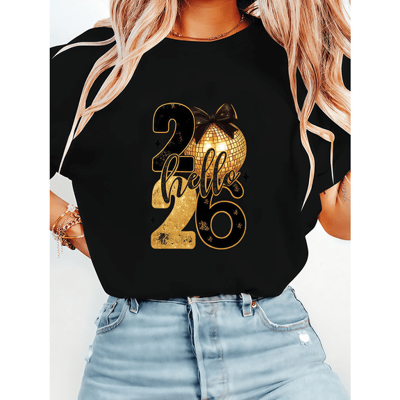 Womens Hello 2026 New Year Print Tshirts Trendy Digital Design Graphic Tees Short Sleeve Shirts Casual Tops for Holiday Black,L