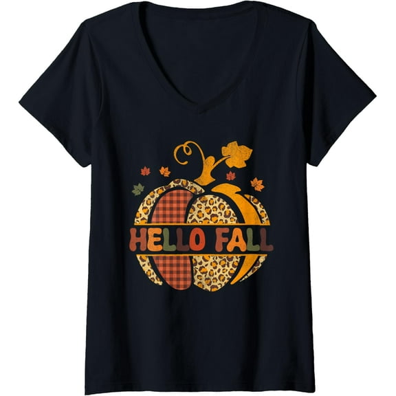 Womens Hello Fall Happy Fall Yall Autumn Pumpkin Leopard Women V-Neck T-Shirt