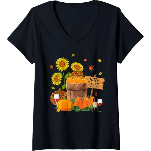 Womens Hello Fall Wine Glass In Sunflowers Tossing Leaves Autumn V-Neck T-Shirt