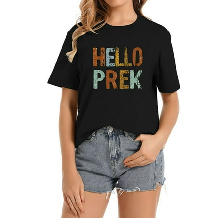 Womens Hello Pre-K Team Pre-K Back To School Teacher Girls Short Sleeve T-Shirts Black