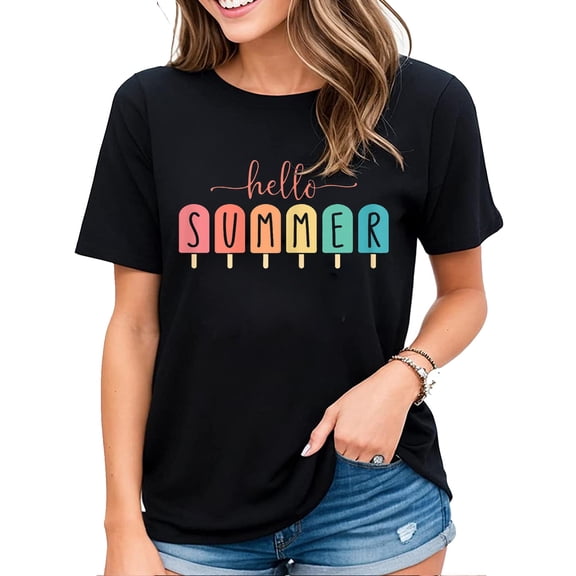 Womens Hello Summer Tshirt Funny Vacation Ice Cream Popsicle Ice Lolly Gift Casual Short Sleeve Tops Black Medium