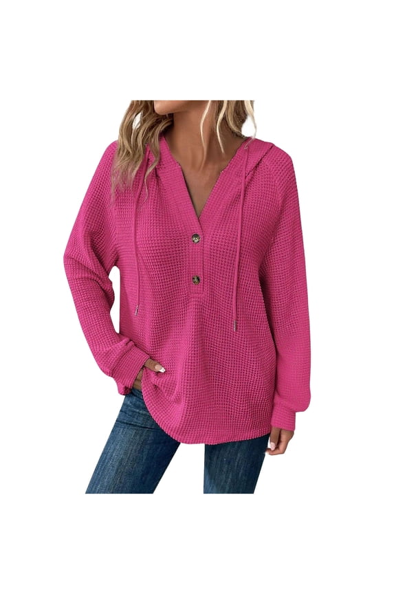 Womens Henley Hoodies V Neck Long Sleeve Pullover Sweatshirts Casual Button Loose Spring Fall Fashion Clothes