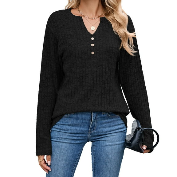 Womens Henley Long Sleeve Shirt 2025 Fall Button V-Neck Dressy Casual Tunic Sweaters Trendy Relaxed Fit Pullover Tops