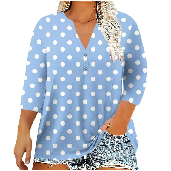 Womens Henley Plus Size Tops Button Polka Dots Print V Neck Summer Shirts Fashion Casual Loose Fit Comfy Blouses L-5XL