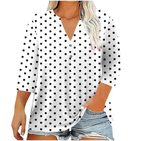 Womens Henley Plus Size Tops Button Polka Dots Print V Neck Summer Shirts Fashion Casual Loose Fit Comfy Blouses L-5XL