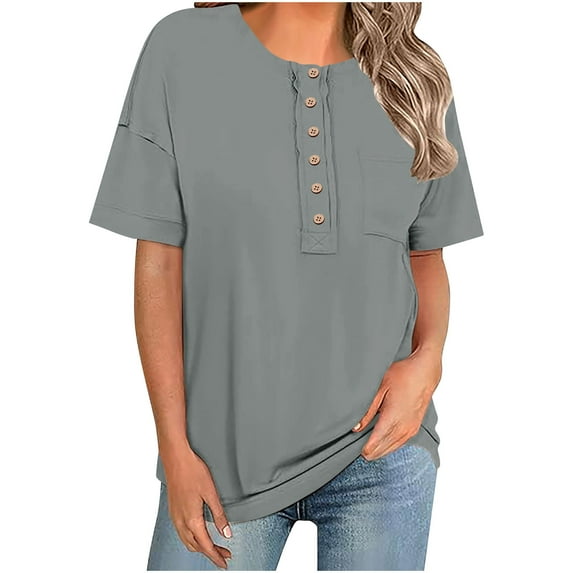 Womens Henley Shirt, Short Sleeve Shirts for Women Summer Casual Loose Fit Solid Color Button Up T-Shirts Tops