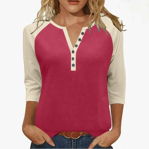 Womens Henley Shirts, 3/4 Sleeve Shirts for Women Fall Casual Color Patchwork Button Up Notch V Neck T Shirts S-3XL