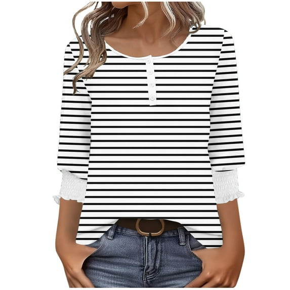 Womens Henley Shirts, 3/4 Sleeve Shirts for Women Summer Fashion Loose Fit Striped Printed Button Up Crewneck T-Shirts S-2XL