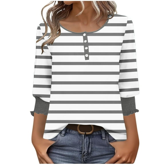 Womens Henley Shirts, 3/4 Sleeve Shirts for Women Summer Fashion Loose Fit Striped Printed Button Up Crewneck T-Shirts S-2XL