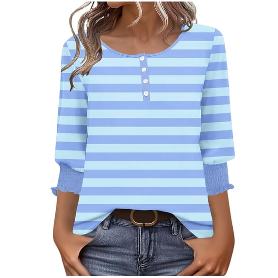 Womens Henley Shirts, 3/4 Sleeve Shirts for Women Summer Fashion Loose Fit Striped Printed Button Up Crewneck T-Shirts S-2XL