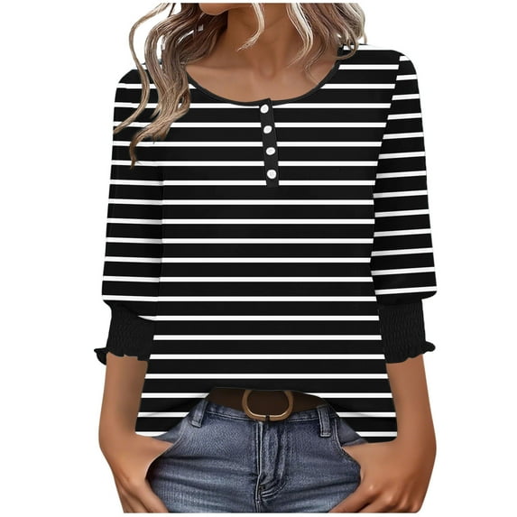 Womens Henley Shirts, 3/4 Sleeve Shirts for Women Summer Fashion Loose Fit Striped Printed Button Up Crewneck T-Shirts S-2XL