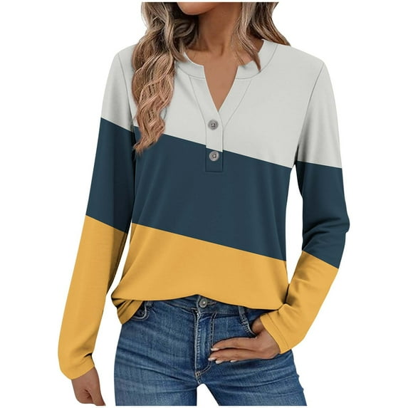 Womens Henley Shirts, Long Sleeve Shirts for Women Fall Fashion Color Patchwork Button Up Notch V Neck T Shirts S-3XL