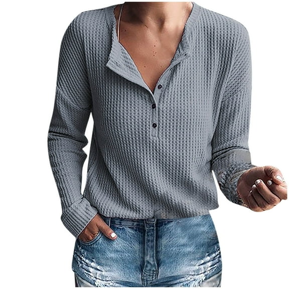 Womens Henley Shirts Long Sleeve V Neck Button Down Casual Plain T Shirt Tops Loose Fit Blouse Tee
