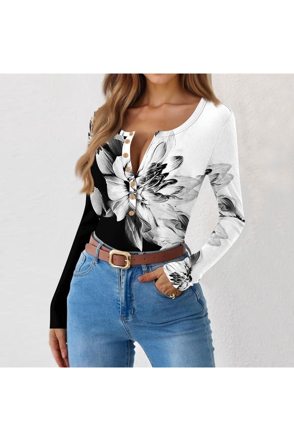 Womens Henley Shirts Ribbed Knit Long Sleeve Fall Tops Floral Casual Slim Fit Button Down Shirt