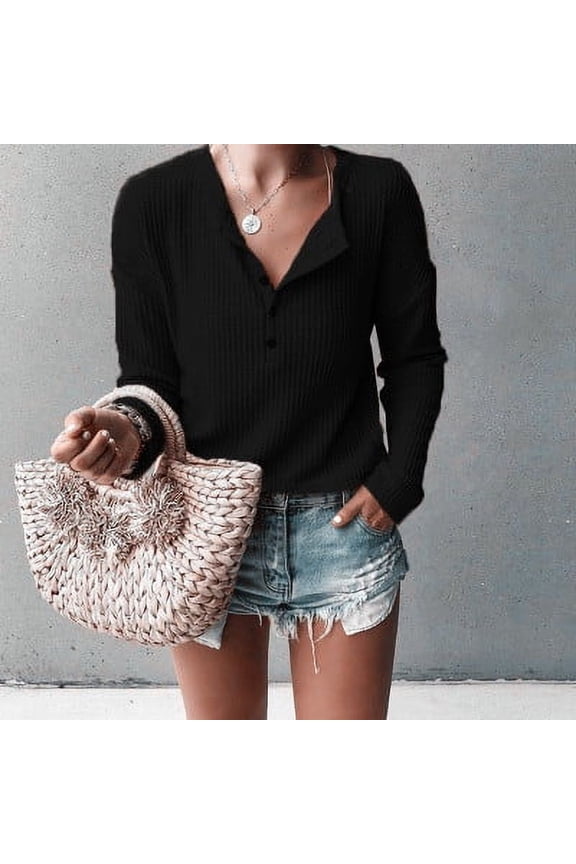 Womens Henley Shirts V Neck Long Sleeve Button Down Tops Warm Waffle Knit Tees