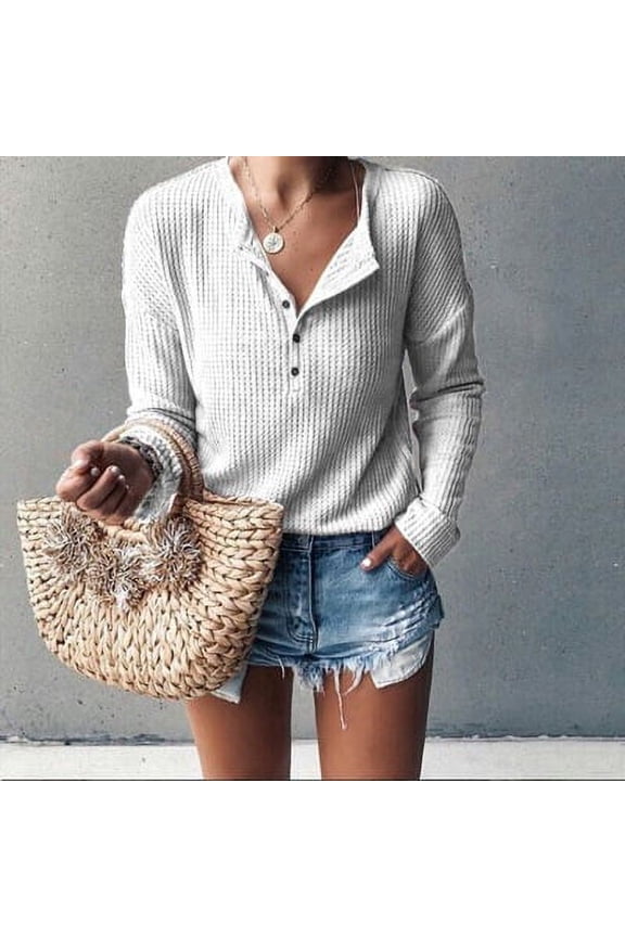 Womens Henley Shirts V Neck Long Sleeve Button Down Tops Warm Waffle Knit Tees