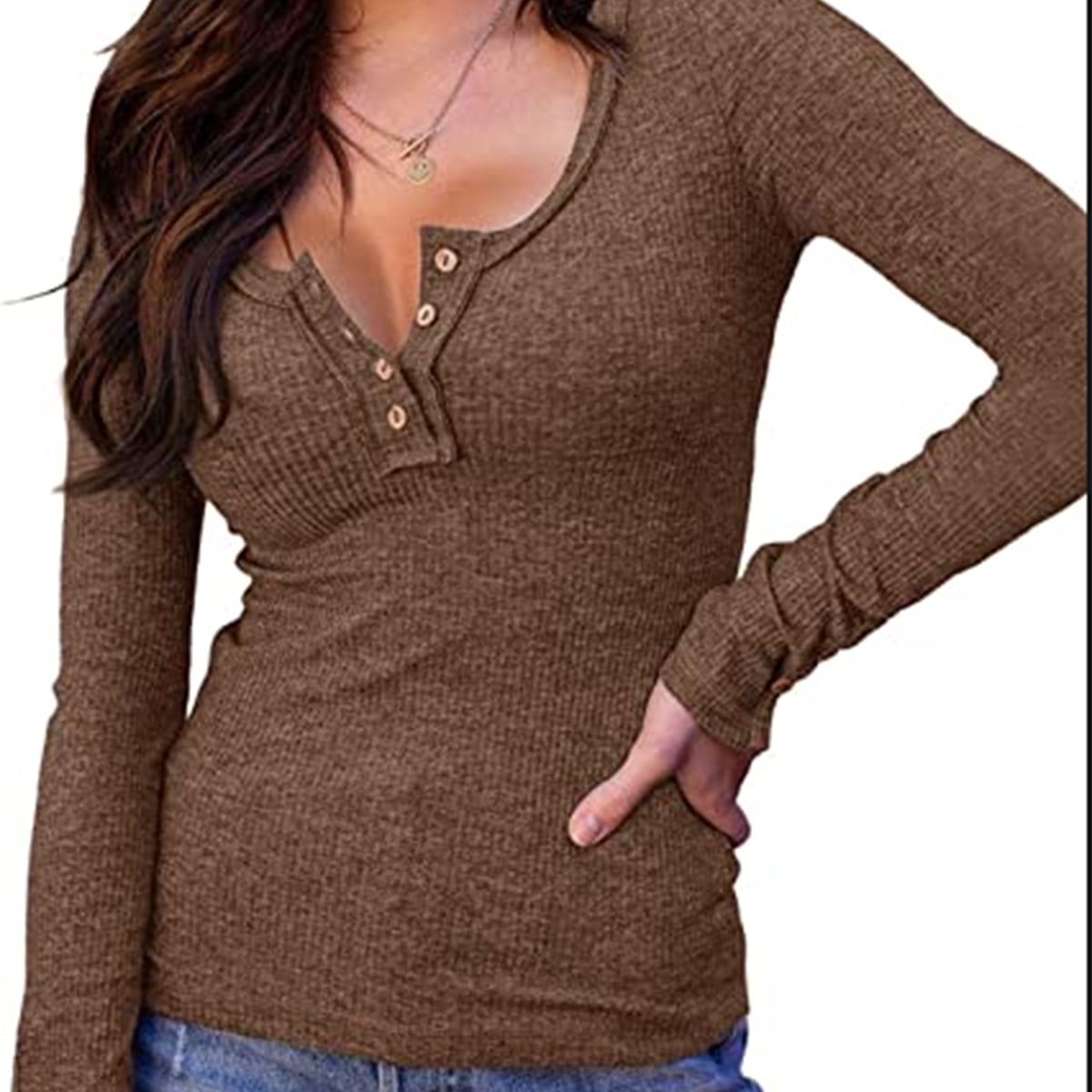 Womens Henley Shirts V Neck Long Sleeve Ribbed Button Down Plain T Shirt Walmart