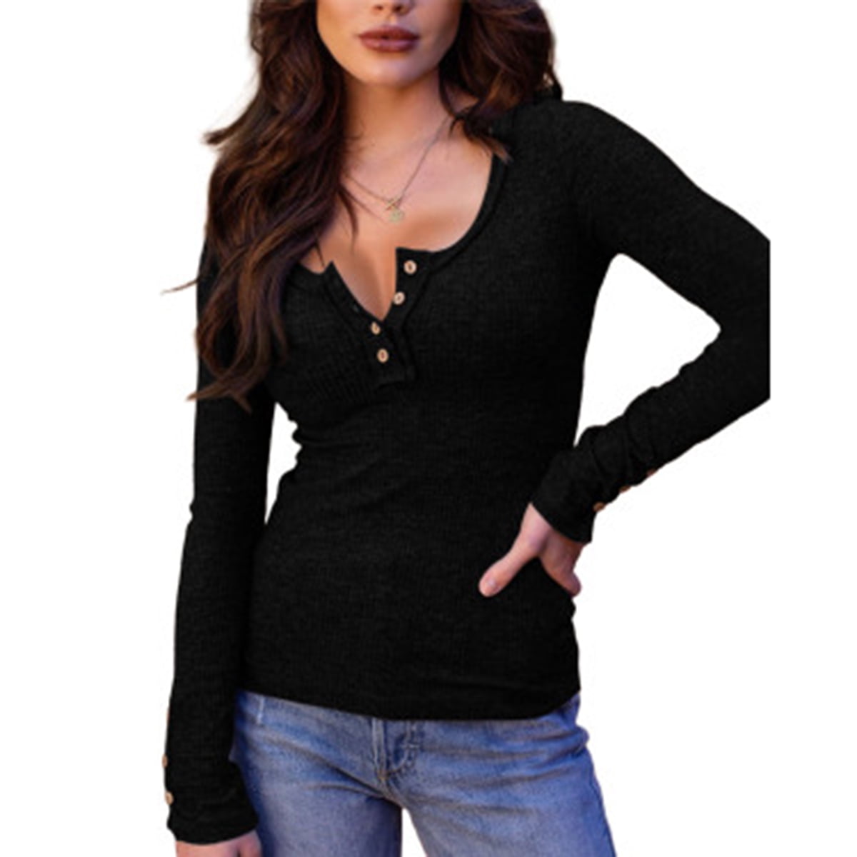 Womens Henley Shirts V Neck Long Sleeve Ribbed Button Down Plain T Shirt Walmart