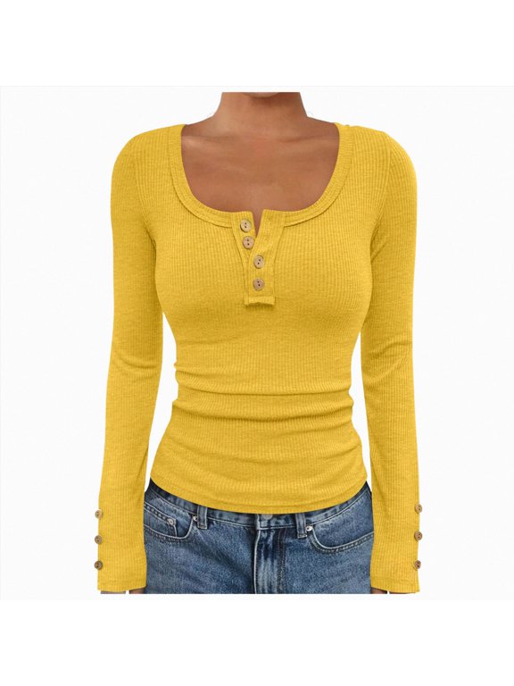 Womens Henley Style Button Front Ribbed Long Sleeve Top,Fitted Casual Shirt