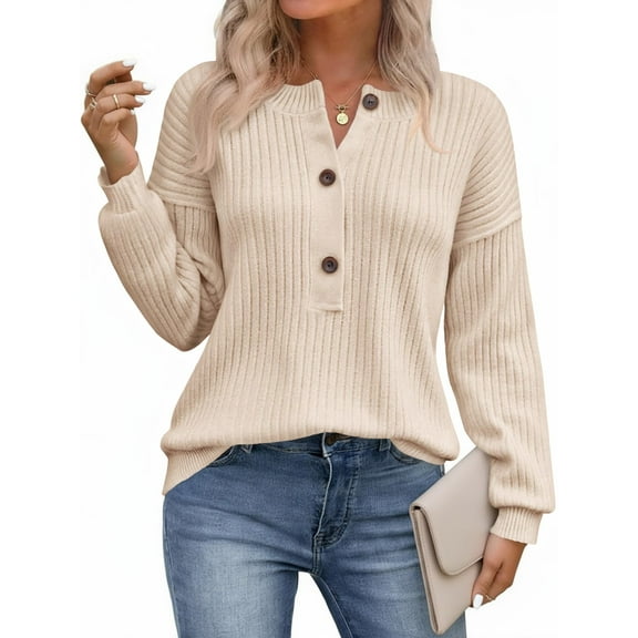Womens Henley Sweater Tops Fall Button Crew Neck Long Sleeve Trendy Loose Ribbed Knit Pullover Sweaters
