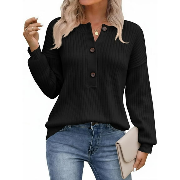 Womens Henley Sweater Tops Fall Button Crew Neck Long Sleeve Trendy Loose Ribbed Knit Pullover Sweaters