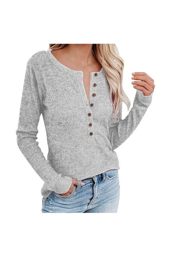 Womens Henley Sweaters 2026 Fall Winter Ribbed Knit V-Neck Button Pullover Long Sleeve Tops