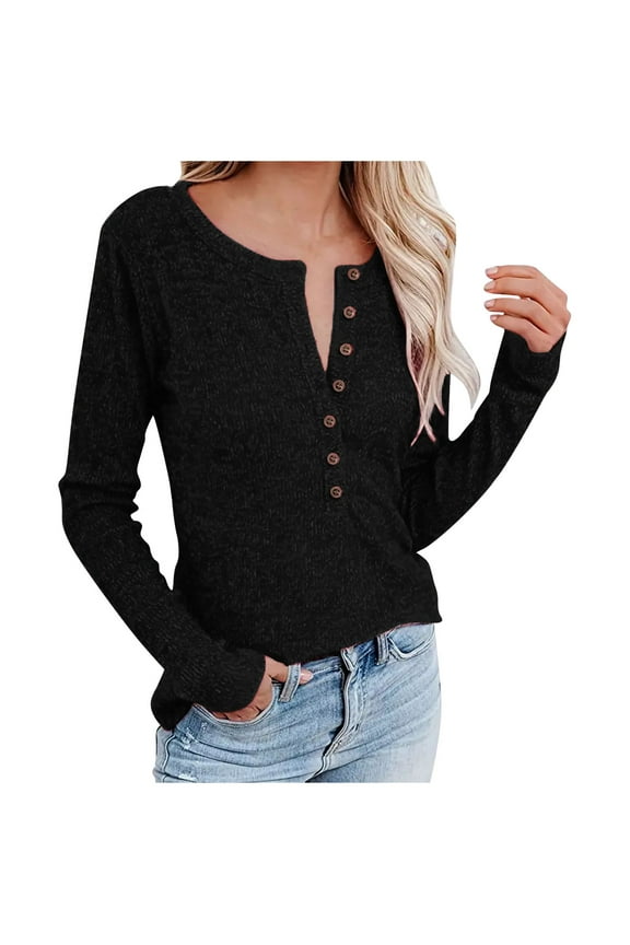 Womens Henley Sweaters 2026 Fall Winter Ribbed Knit V-Neck Button Pullover Long Sleeve Tops