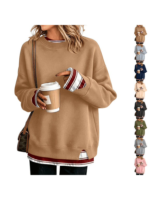 Womens Henley Sweaters Pullover Work Tops Fall Clothes Teacher Fall Fashion Patchwork 2 in 1 Knitted Tops Cozy Oversized Sweater Long Sleeve Winter School Business Casual Top