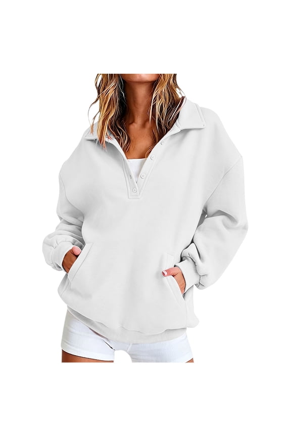 Womens Henley Sweatshirt Long Sleeve Half Button Pullover Tops Loose Fit Casual Fall Winter Clothes With Pockets